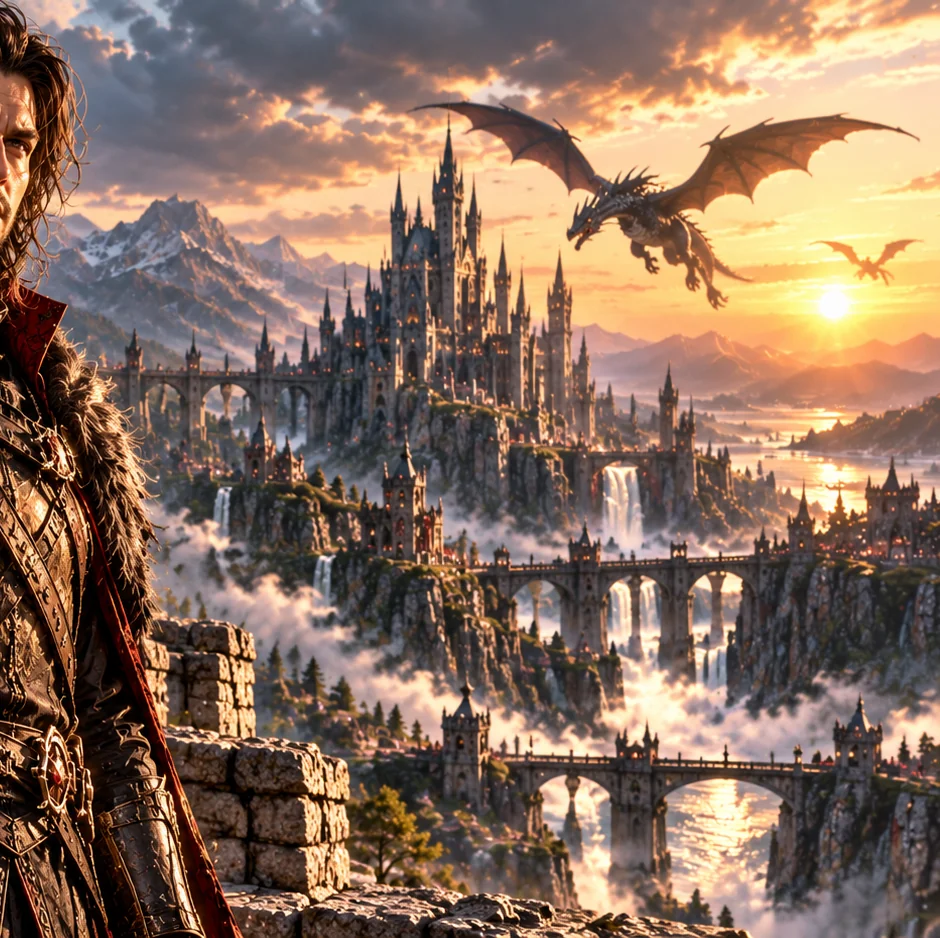 The kingdom of Ortshire rising over vast cloud-filled ravines